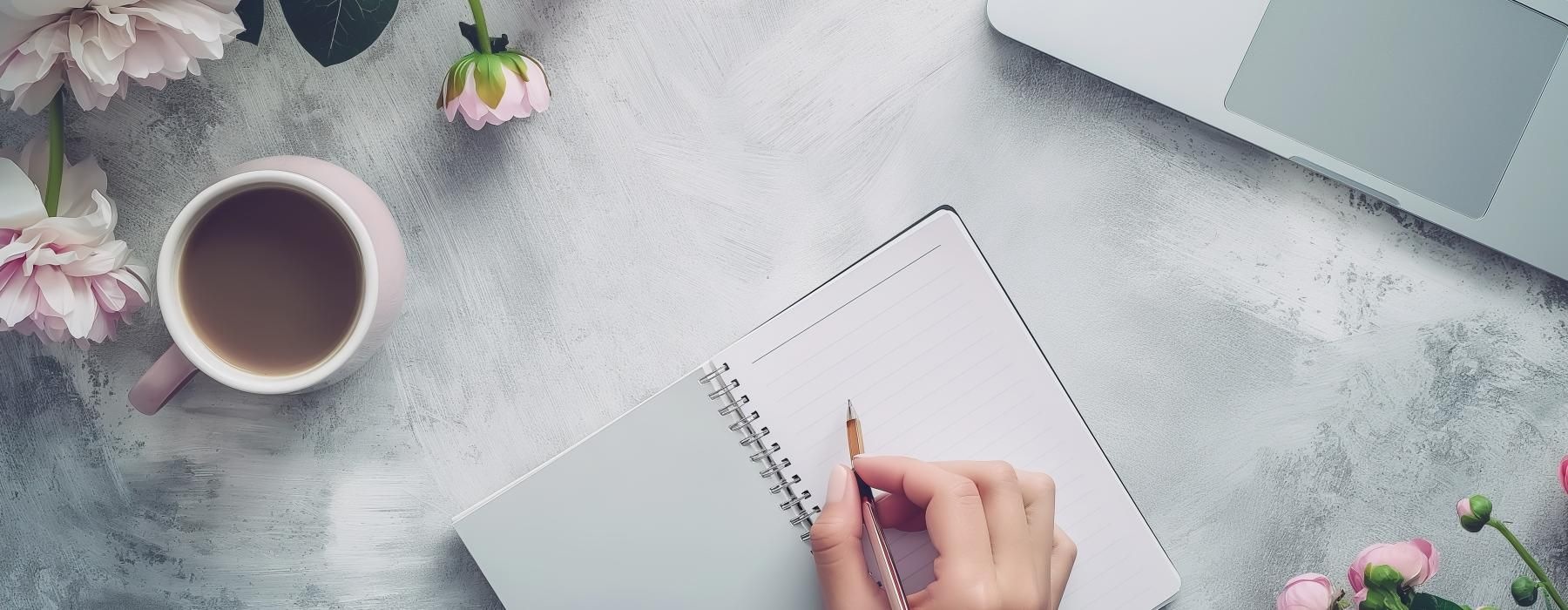 a hand holding a pen and a cup of coffee