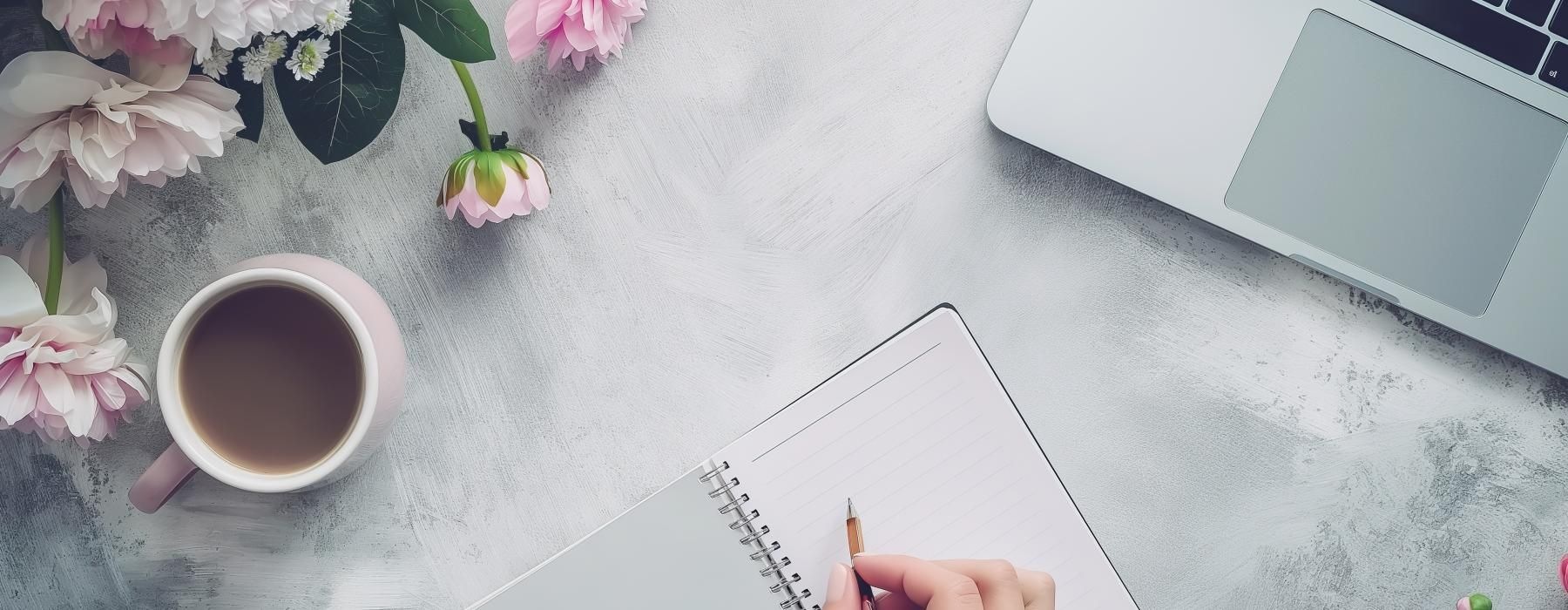 a hand holding a pen and a cup of coffee